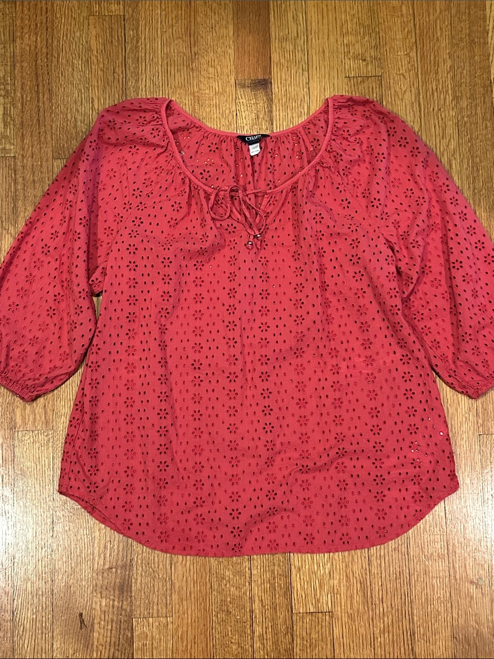 Chaps Coral-Red Eyelet Tie-Neck Blouse Size Medium